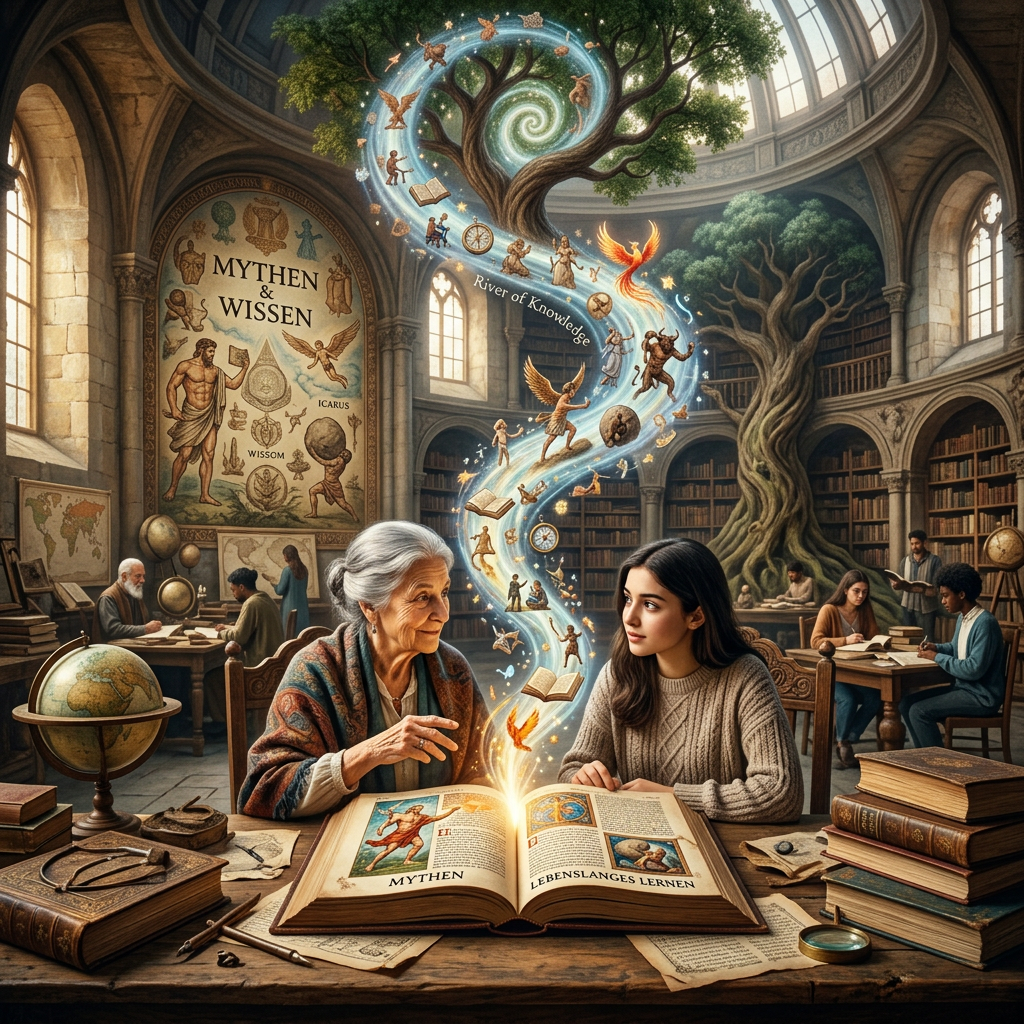 Elderly woman and young woman next to an open glowing book with magical figures rising above it in a library.